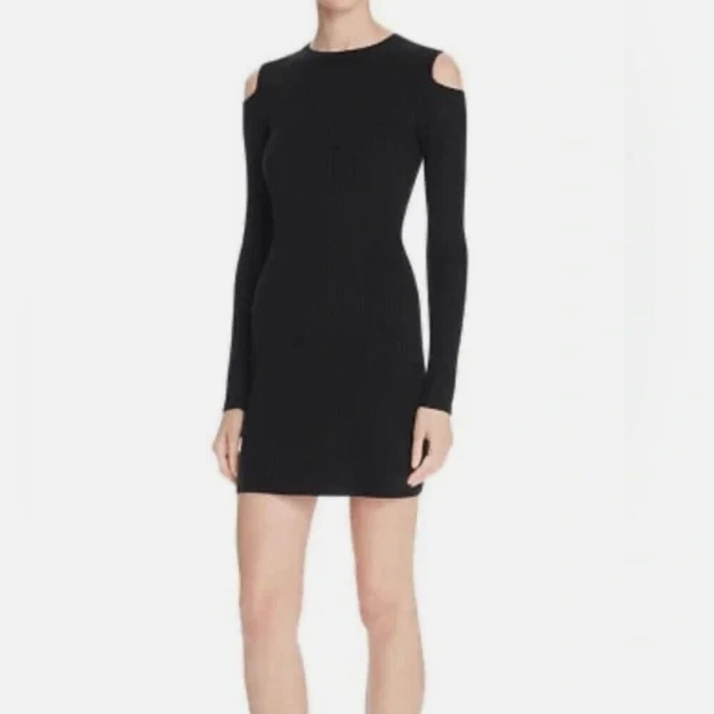 Theory Jemlora Evian Wool Cold-Shoulder Ribbed Knit Black Long Sleeve Dress M